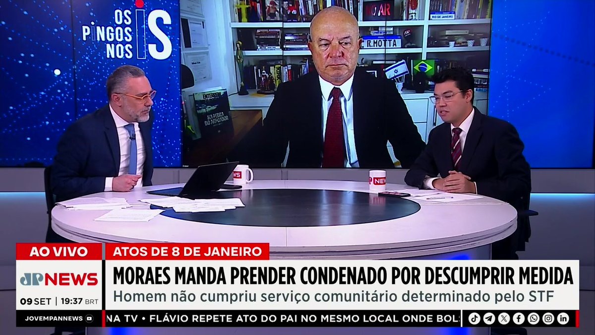 Moraes manda prender condenado do 8 de Janeiro por descumprir medida do STF 📺 Confira na JP News 👉 #OsPingosNosIs