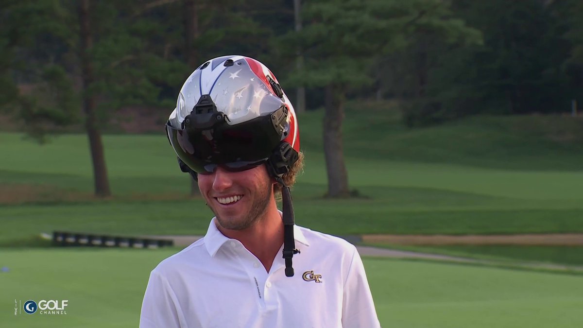 Gotta be one of the coolest trophies in golf 🪖 Max Emberson starts a new tradition at the Folds of Honor Collegiate by putting on the fighter pilot helmet trophy 😎