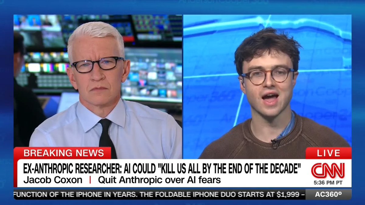 Former Anthropic employee Jacob Coxon says the AI industry is "gambling with our lives." He tells Anderson what he finds "most scary is if AI is used to make itself more intelligent" and warns these companies are "compelled to race toward building a deadly technology."