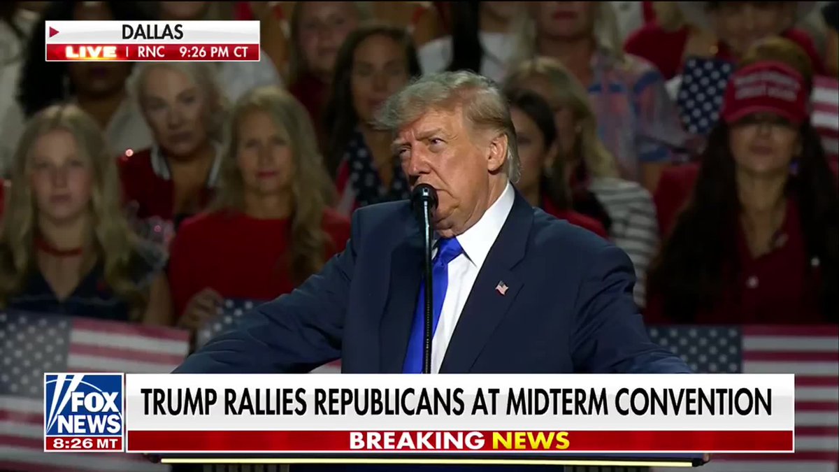 “America belongs to those who love it." President Donald Trump delivers a pointed message from the RNC Midterm Convention in Dallas, telling the crowd that election night will show America “does not belong to those who hate it.” The president makes the remark as Republicans gather ahead of November’s midterm elections, with control of Congress at stake.