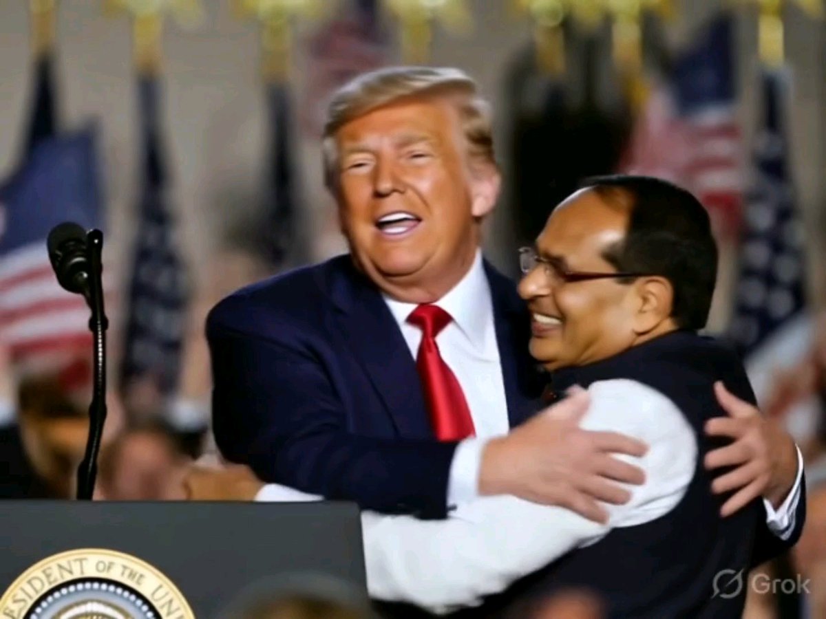 🚨 BREAKING: Trump gives the Modi hug to Shivraj Singh Chouhan on stage, thanks him for the invention of 'Big Beautiful Ladli Behna Scheme'