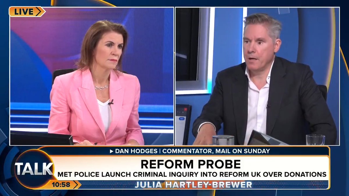 🚨"I do think we are coming to the end of Nigel Farage's leadership of Reform." Mail on Sunday columnist Dan Hodges says Reform UK is now associated with "sleaze" in the public mind and that the scandals are cutting through. Julia Hartley-Brewer | (((Dan Hodges)))
