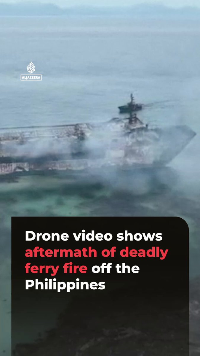 Drone video from the Philippine Coast Guard shows smoke rising from the burned out MV June Aster off Palawan. 43 people were rescued after the ferry caught fire. But at least five people have died and more than 80 remain missing.