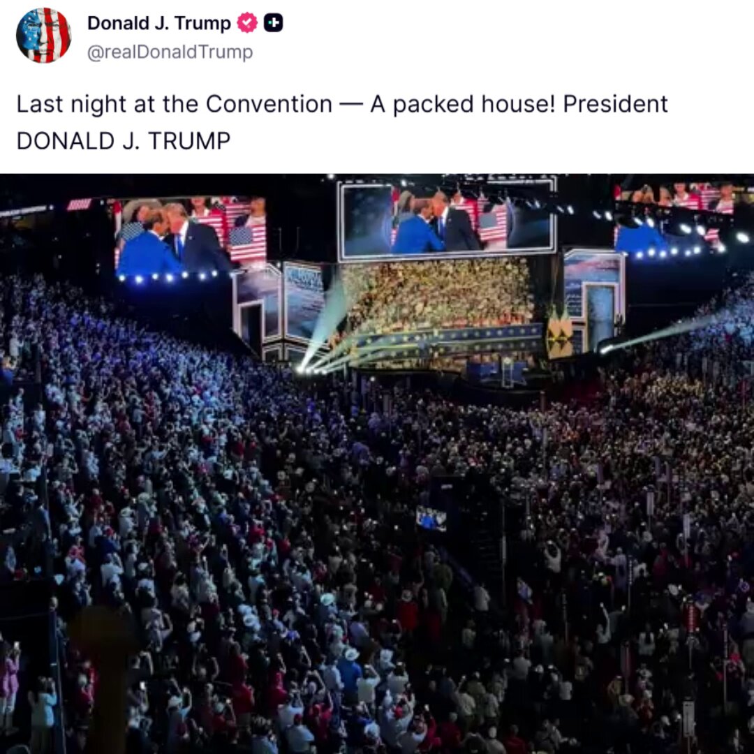 🚨 NOW: Donald Trump just dropped VIDEO PROOF that the fake news is lying when they say the 2026 RNC midterm convention is a flop "Last night at the Convention — A packed house!" 🔥 They refuse to admit that this is turning out to be a resounding success. 47 spoke for almost 2 HOURS last night and he's speaking again tonight 🇺🇸 FULL 2024 MODE for the midterms!