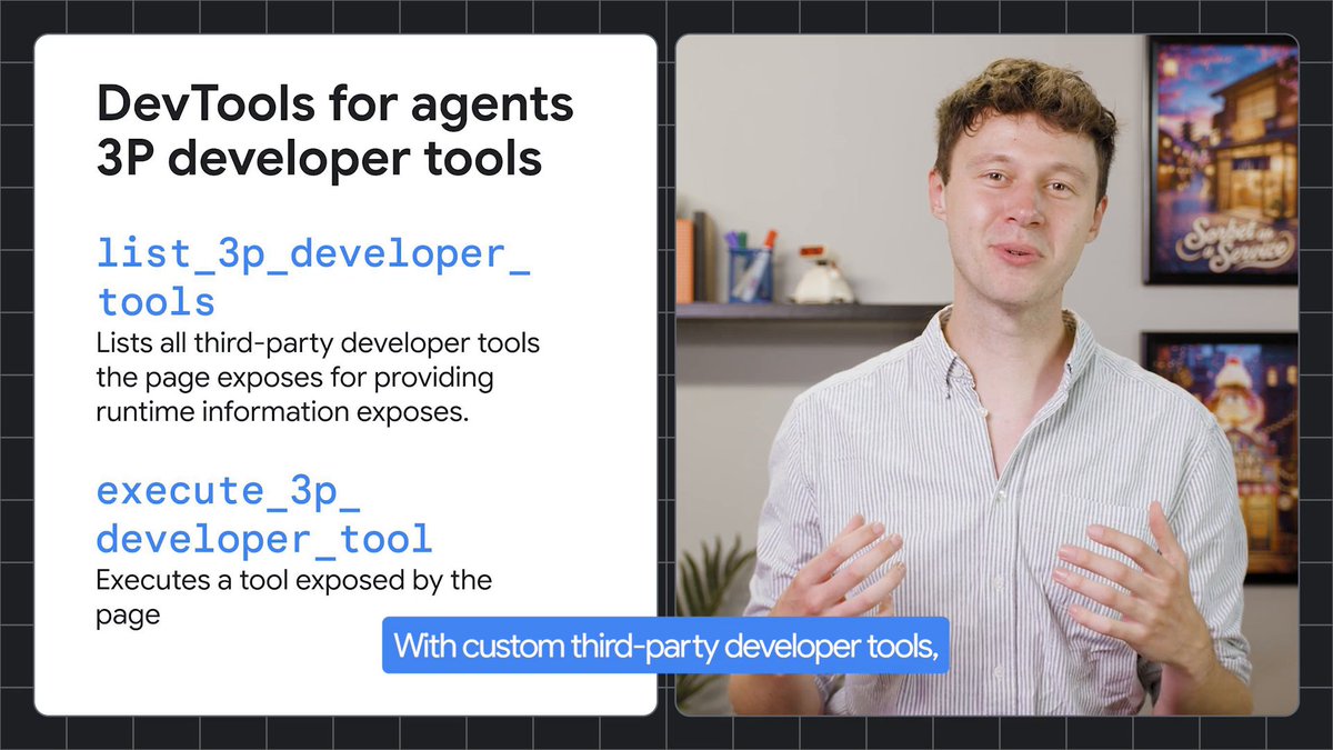 Open up your app's inner workings to AI agents with custom tools in DevTools for agents→ Write plain JavaScript to build tailored third-party tools that save tokens and bypass manual steps like login forms built for humans.