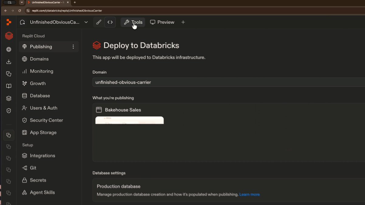 The Replit-Databricks integration is now generally available, with new native Lakebase support! Now, you can use Replit ⠕ to build full-stack Databricks Apps on live, governed enterprise data. Replit Agent can automatically provision a Lakebase database, while AI-proposed schema changes require human approval. Build, deploy, and iterate in one flow. See it in action: