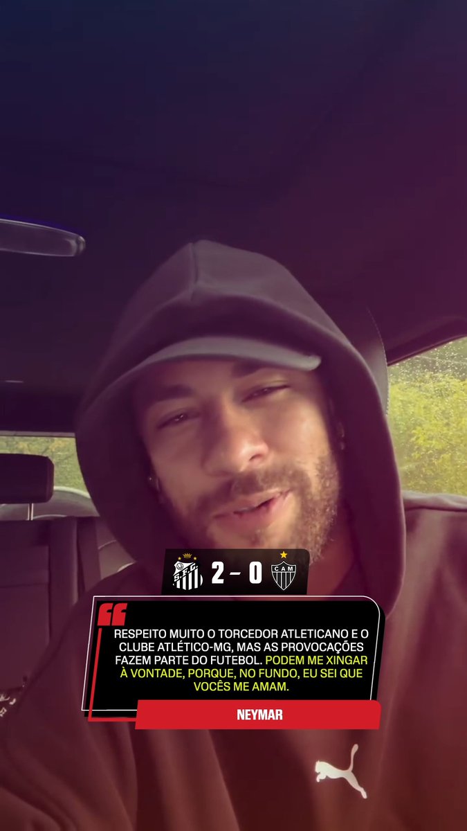 ‘AS PROVOCAÇÕES FAZEM PARTE DO FUTEBOL’ 👀 Em suas redes sociais, o camisa 10 do Santos, Neymar, falou sobre as provocações entre ele e os torcedores do Atlético-MG no último jogo pela Sul-Americana. Neymar ainda disse que respeita muito o Galo e que podem xingá-lo, porque sabe que eles o amam. via: Neymar Jr #FutebolNaESPN #Santos #Neymar