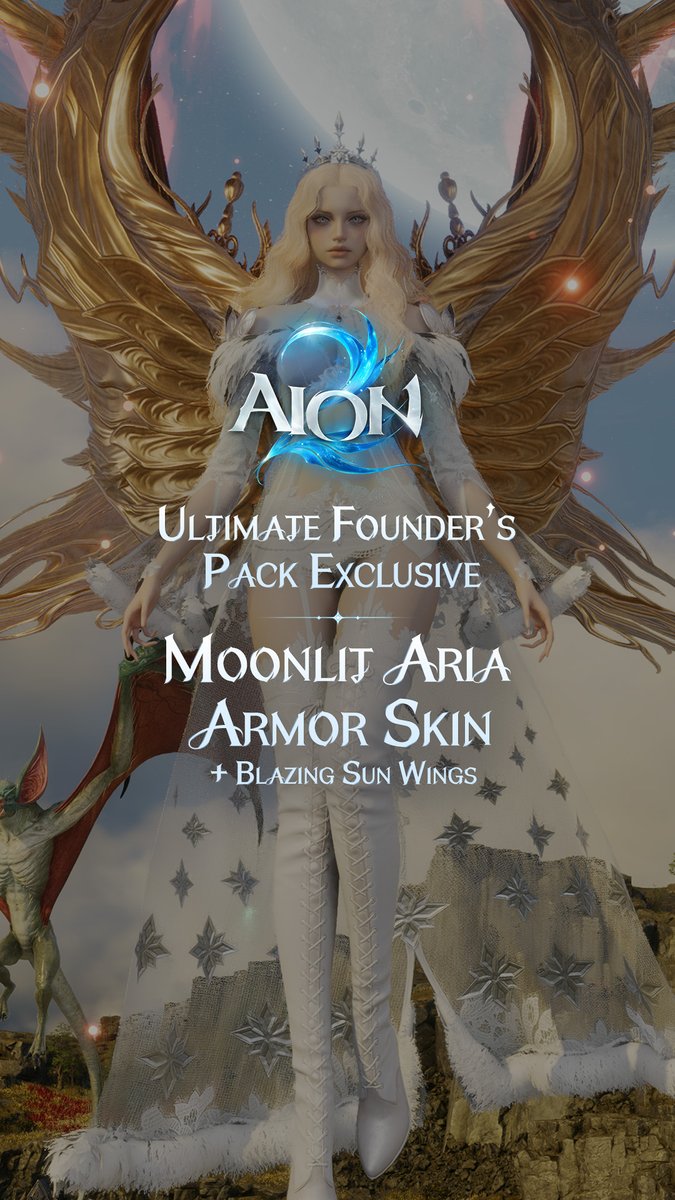 Upgrade your experience with the Ultimate Founder’s Pack. Get a 30-day membership, 5-Day Early Access, Moonlit Aria Armor Skin, Blazing Sun Wings, and more. 🪽Grab your Founder's Pack here #AION2 #AION2Global #MMORPG