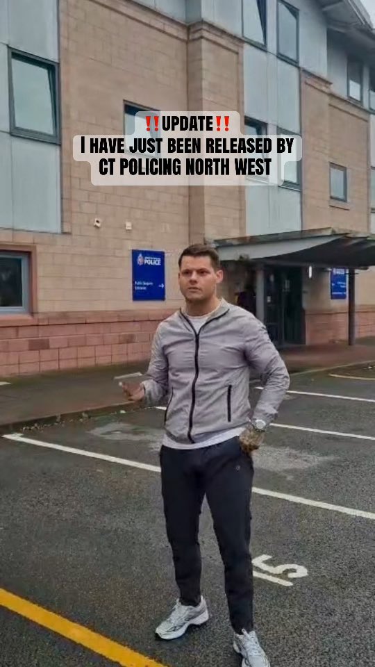 Hello everyone — a little update from me. I’ve just been released by Counter Terrorism Police North West after being wanted for questioning earlier today, at around 8:40am. Officers attended my address intending to arrest me, but clarified that I was wanted for questioning.