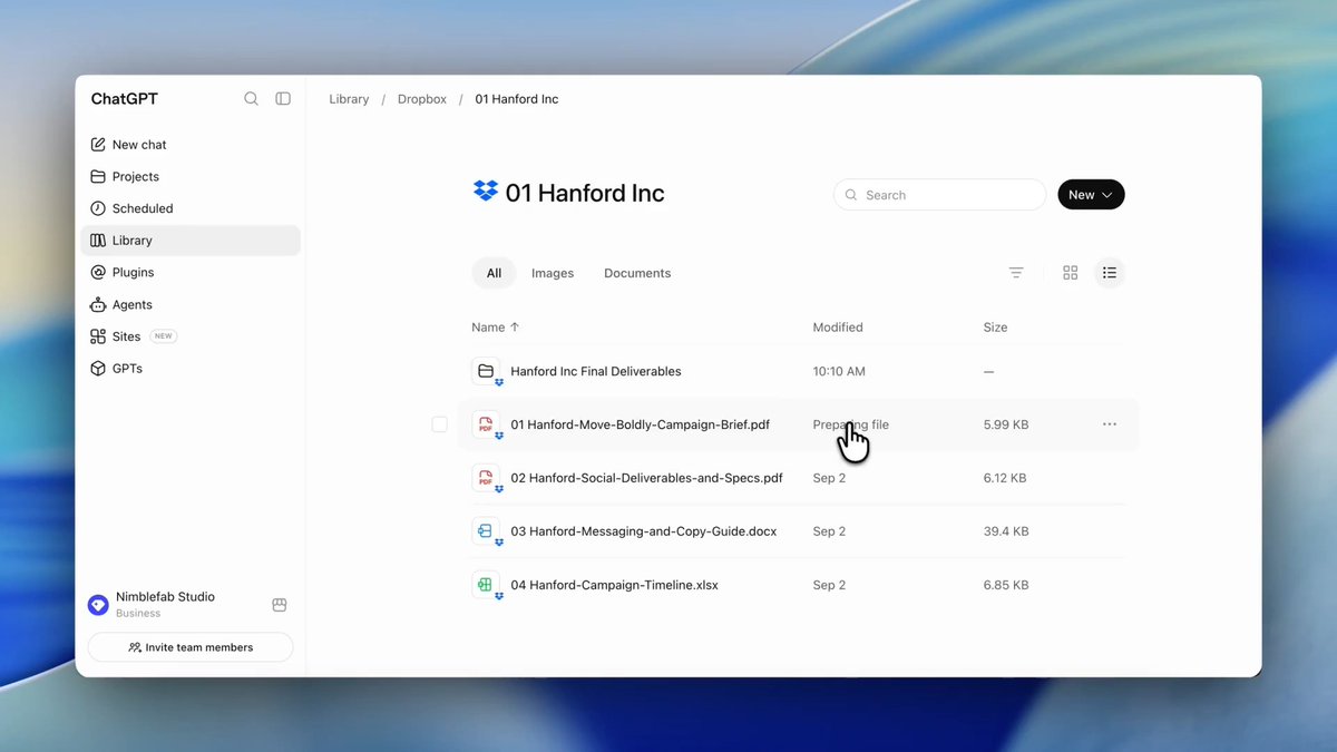 Now you can find Dropbox files without leaving ChatGPT. With Dropbox connected, browse or search your files directly in ChatGPT, add one to a prompt with @, and preview it beside your chat. Your files stay in Dropbox, and existing permissions apply.