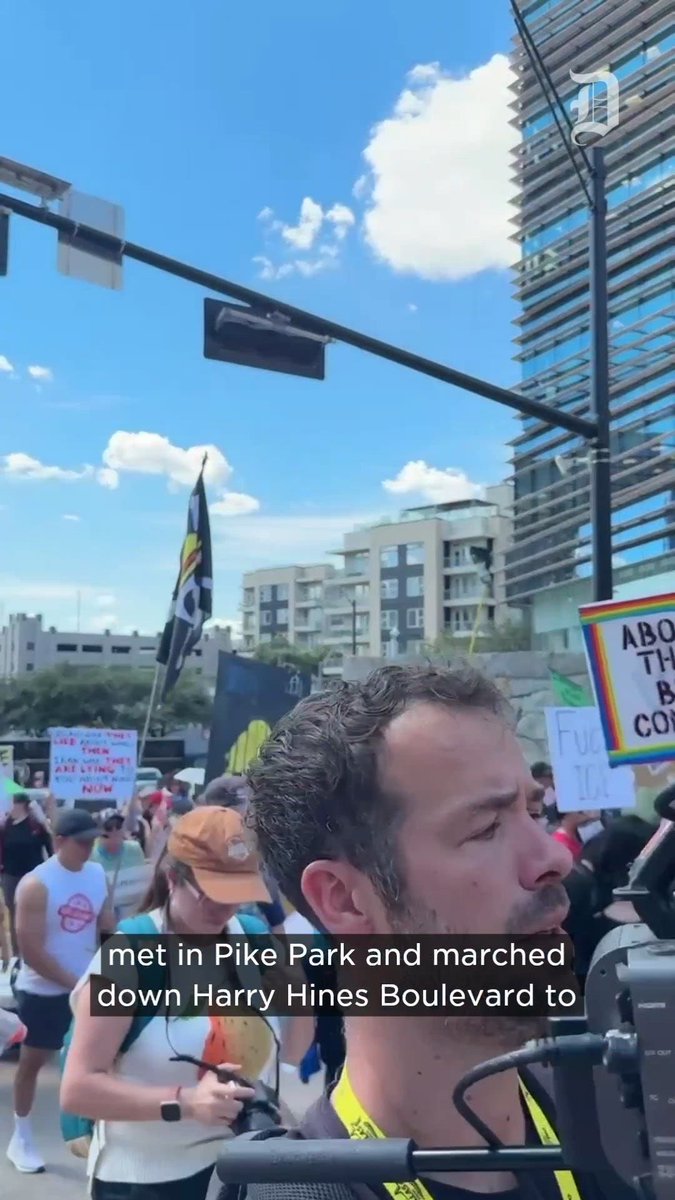 Anti-Trump protesters gathered at Pike Park in downtown Dallas and marched to the area near American Airlines Center, where the GOP is hosting its first midterm convention. The crowd started small but grew as others joined. (📹️: Shafkat Anowar and Shannon Worley/DMN Staff)