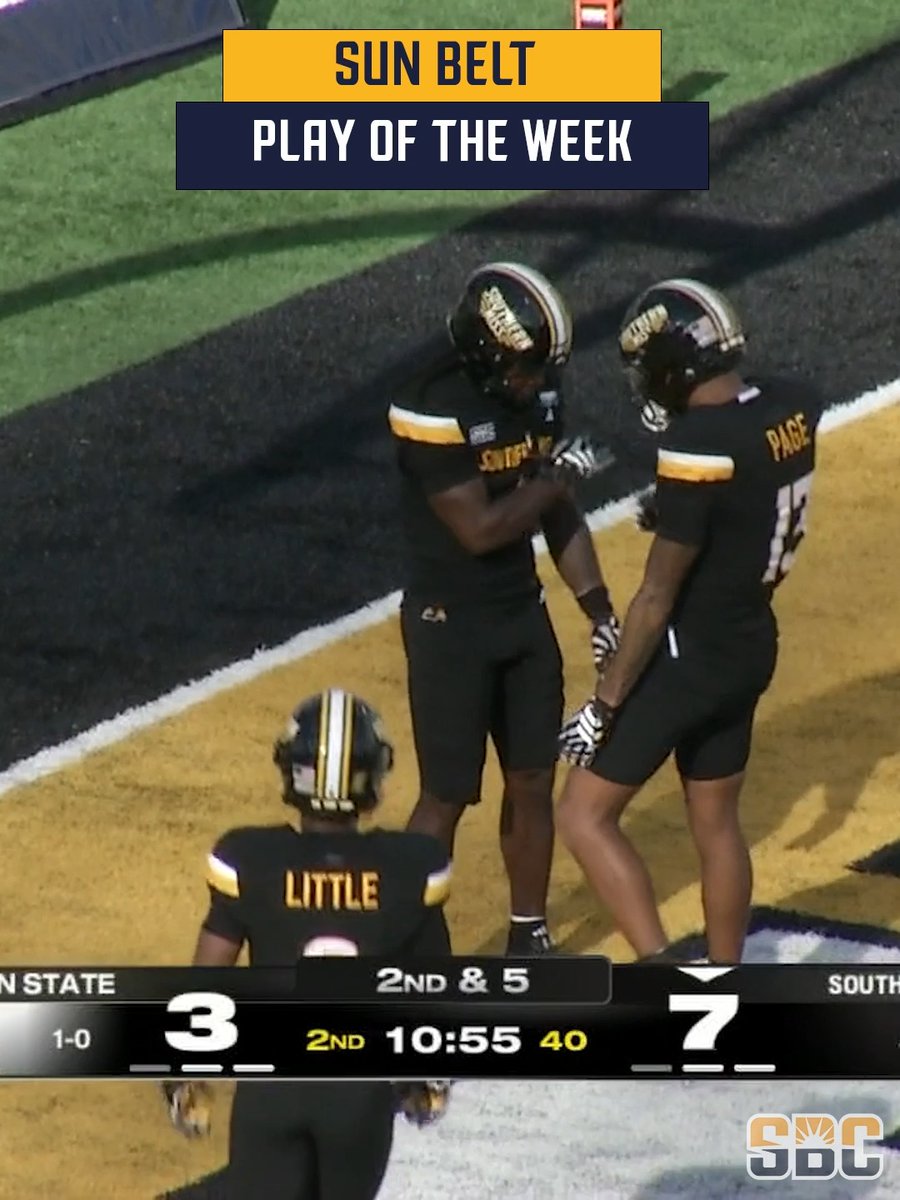 𝗡𝗘𝗫𝗧 𝗚𝗘𝗔𝗥. Mario Sanders II hit the ⛽️ after the catch for the 38-yard Southern Miss Football touchdown. ☀️🏈