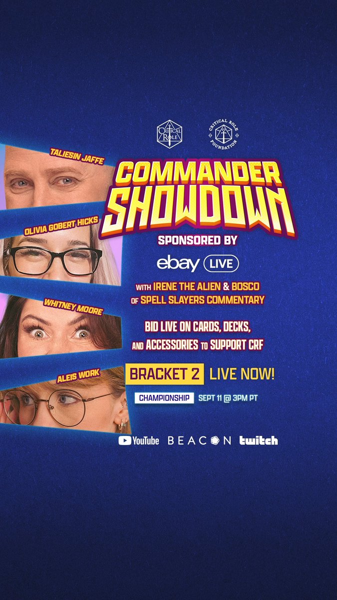 ROUND TWO BEGINS SOON 🃏⚔️ The second qualifying round of our epic Magic: The Gathering Commander Showdown begins in just a few minutes at 3:00PM PT! Join Taliesin Jaffe, Olivia Gobert-Hicks, Whitney Moore, & Aleis Work as they throw down to decide who advances to the championship Tomorrow, Sept 11th - #Sponsored by eBay Live! Irene the Alien and Bosco of Spell Slayers are still here to comment on every drop and counterspell as the action continues. Bid for our players’ decks and accessories as you watch live, with proceeds going towards the Critical Role Foundation! TUNE IN ⬇️