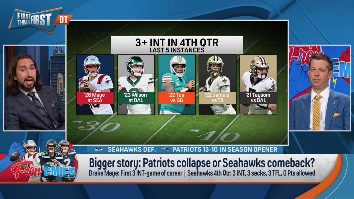 .nick wright: “That 4th quarter from Drake Maye, it wasn’t unprecedented, but it’s about a once a year occurrence across the league.” Danny Parkins: “With the A.J. Brown injury and if Drake Maye is gonna sputter against good teams…it would shake my confidence as a Pats fan.”