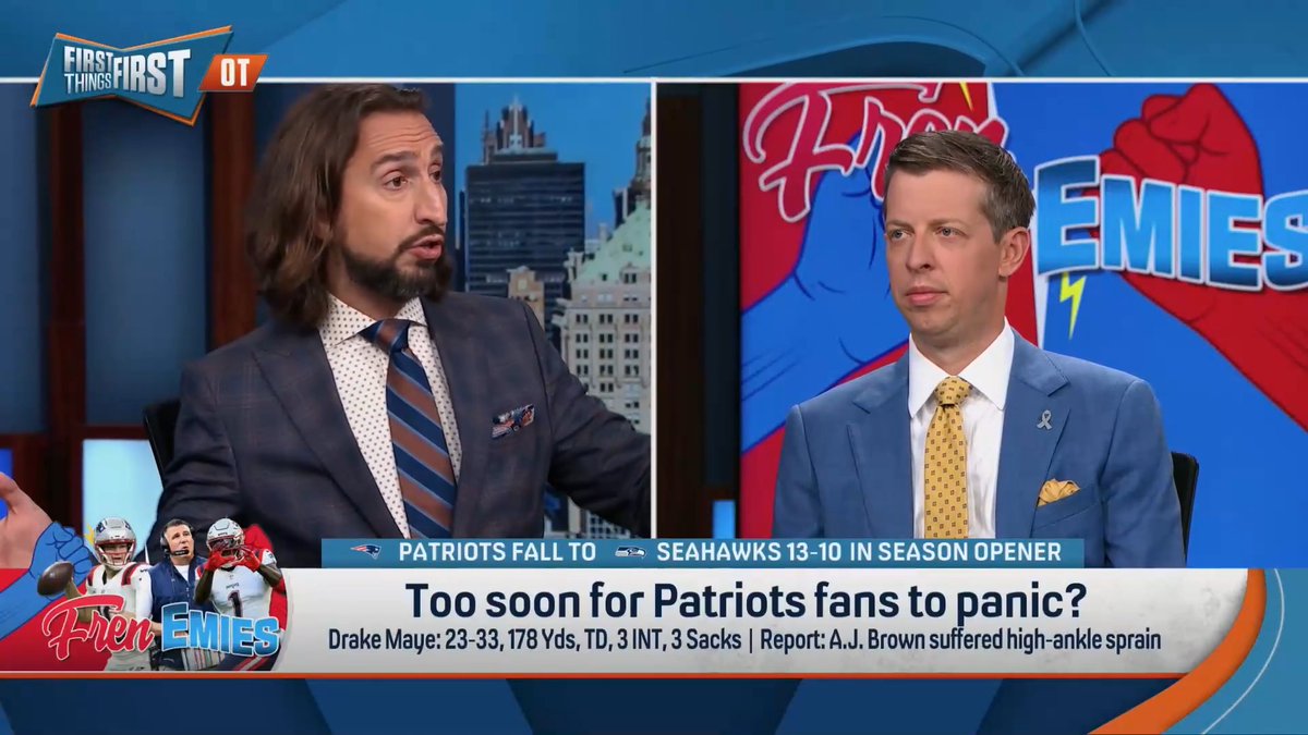 Too soon for the Pats to panic? nick wright: “Absolutely not...For a team that’s fresh off the SB, fresh off 2nd in MVP voting, that would be really disappointing.” Danny Parkins: “I had them in the playoffs &amp; you don’t wanna overreact to W1…but I don’t feel good about it.”