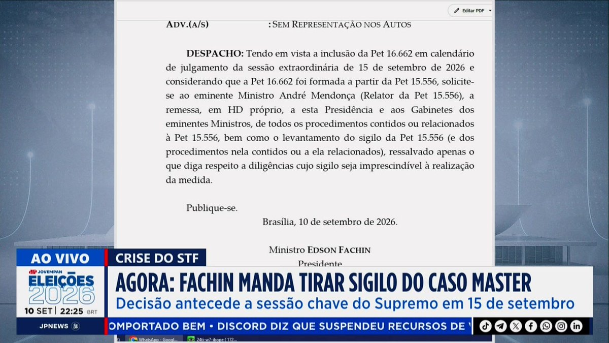 AGORA: Fachin retira sigilo do caso Banco Master antes de sessão no STF | JP ELEIÇÕES 2026 📺 Assista à íntegra: #JPEleições2026