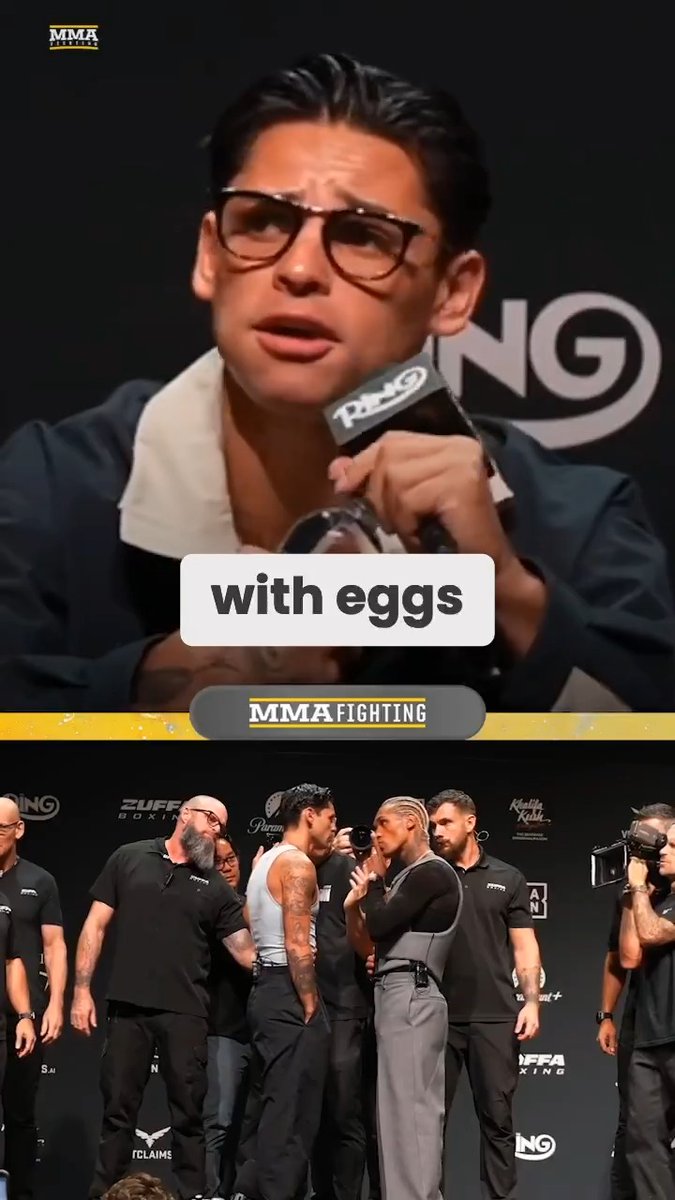 Ryan Garcia trolls Conor Benn by eating eggs during the #GarciaBenn press conference in Las Vegas: "He has a lot of familiarity with eggs. So, I thought it was fair that I eat some today." Benn warns Garcia about his own "IRS problems" before the fight.