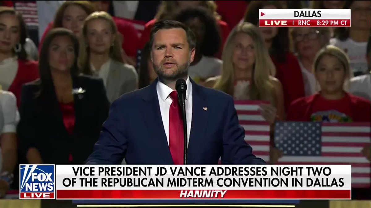 "History will record that your father was a great man." Vice President JD Vance remembers his friend Charlie Kirk during the RNC Midterm Convention in Dallas, one year to the day after the Turning Point USA founder was assassinated at Utah Valley University. Vance speaks directly to Kirk's two young children, praising their mother Erika for carrying on his mission before the Dallas crowd erupts into chants of "Charlie! Charlie! Charlie!"
