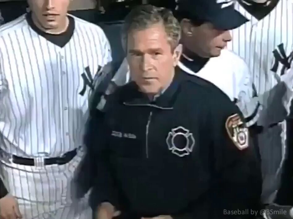 President George W. Bush throws a ceremonial first pitch from the mound for a strike before Game 3 of the 2001 World Series at Yankee Stadium! #MLB #Baseball #Yankees #History #September11 #NeverForget