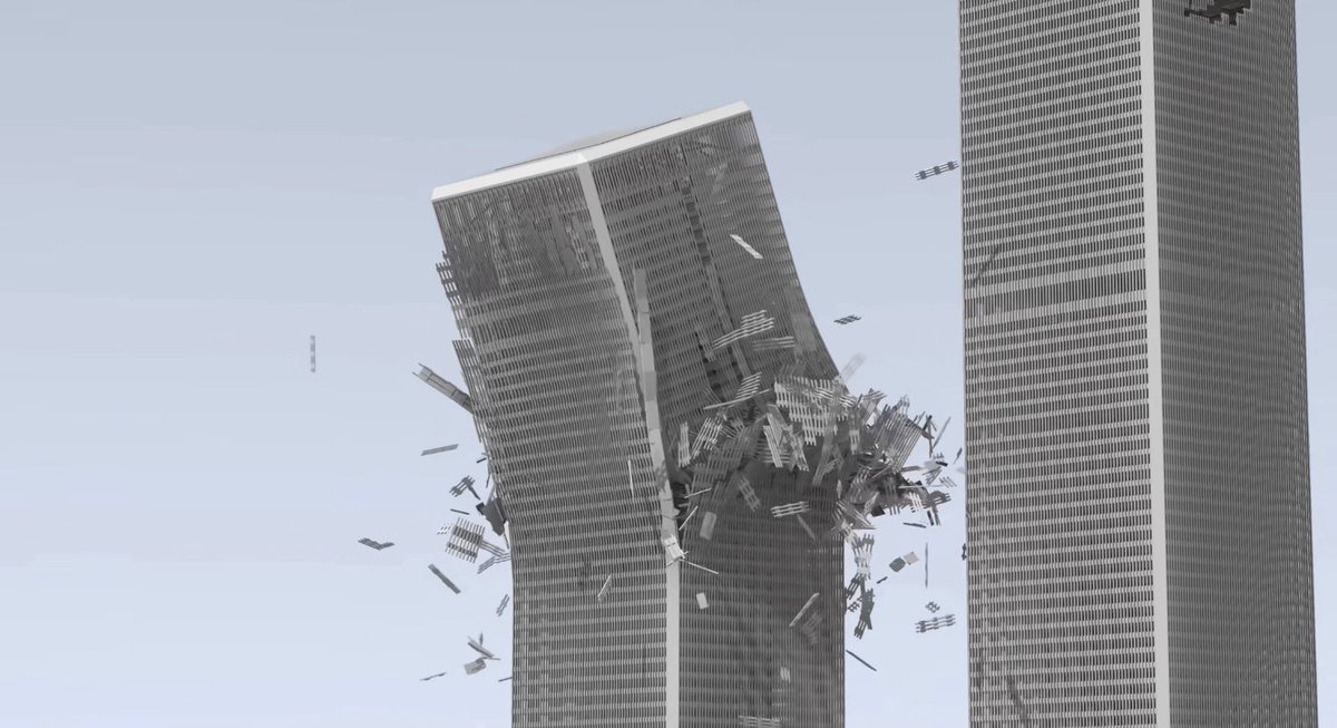I find these World Trade Center simulations by Kostack Studio fascinating because they remove the smoke and let you see the collapse much more clearly. In the real footage, so much is hidden by fire, dust, debris, distance, and chaos that many people come away with the impression that the towers simply dropped straight down into their own footprints. But that is not really what happened. These simulations make it much easier to see that the collapse begins in the heavily damaged and fire-weakened region, the upper section starts moving and tilting, and the destruction then propagates downward through the structure. The towers do not simply disappear vertically into their own footprints. Large portions of the upper structure and exterior are moving outward and to the side as the collapse develops. Much of that motion is simply obscured in the real videos once the enormous debris cloud forms. And this is also why I find these simulations useful when people describe the collapses as looking like “controlled demolition.” Strip away the smoke and dust and the resemblance becomes much less convincing. What you see is a highly asymmetric structural failure beginning around the aircraft-damaged and fire-affected floors, followed by an enormous moving mass progressively overwhelming the structure beneath it. There is tilting, rotation, exterior columns peeling away, debris being thrown far outside the building footprint, and structural failure occurring chaotically as the collapse moves downward. That is very different from the neat mental image usually implied by “controlled demolition,” where structural supports are deliberately severed in a carefully timed sequence to produce a predetermined collapse. And importantly, we already know what preceded these collapses. Both towers suffered massive aircraft-impact damage. Fireproofing was stripped from portions of the structure. Large, uncontrolled fires then burned across multiple floors - for about 56 minutes in the South Tower and about 102 minutes in the North Tower - heating and weakening structural components until collapse initiated. Once that upper mass began moving, the loads imposed on the floors and structure beneath became vastly greater than anything they had been designed to carry. The result was progressive collapse. No, an animation is not proof simply because it looks convincing, and these are not official NIST simulations. They are visualizations built under particular assumptions. But as visualizations, I think they are extremely useful. They let you see something the original footage often cannot show clearly: beneath that enormous cloud of smoke and debris was a complicated, violent, asymmetric structural failure - not two buildings neatly dropping straight down into their own footprints. A note on the simulation: this is not intended to reproduce the collapse down to the exact motion of every beam, floor panel, and fragment of debris. No practical simulation could do that. Its value is in modeling the large-scale structural behavior - how the major sections deform, move, tilt, separate, and progressively fail. Think of it as a visualization of the mechanics and overall collapse behavior, not a frame-by-frame reconstruction of where every piece of steel ultimately landed.