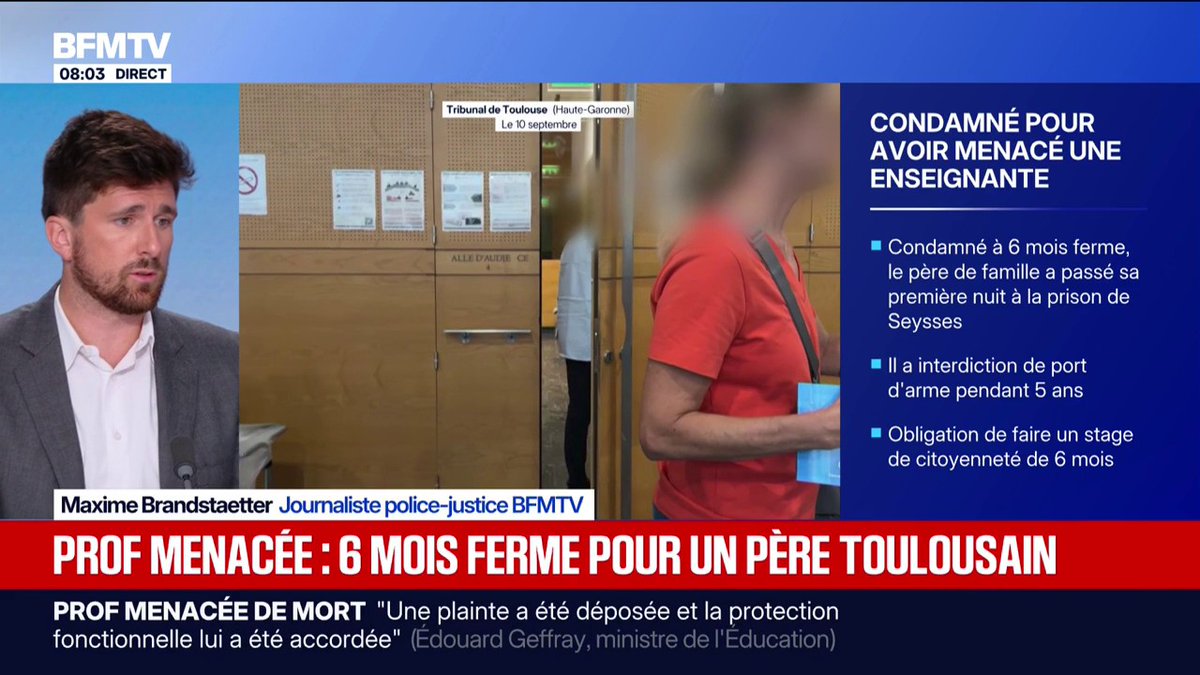 Six mois de prison ferme et incarcération immédiate pour le parent d'élève ayant menacé de décapiter une enseignante près de Toulouse