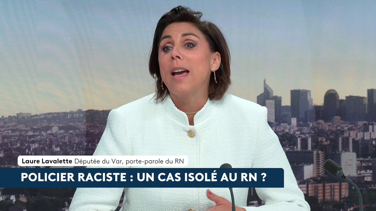 🔴 🗣 "On a l'impression qu'il y a quand même une volonté de nuire et de protéger le maire d'avant", dit la porte-parole du RN, Laure Lavalette, après la diffusion des propos racistes et misogynes tenus par un policier de Carcassonne, proche du RN et du maire de la ville. #canal16