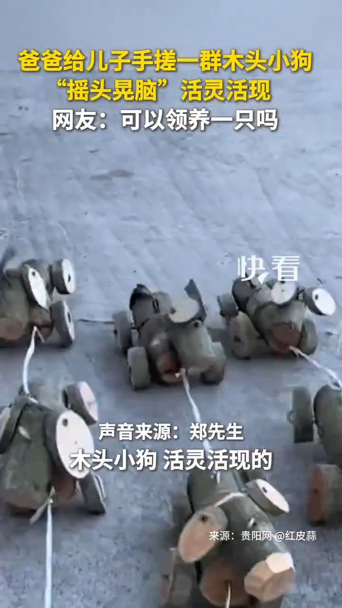 【Video】Watch as a father from Southwest China's #Guizhou Province brings a group of wooden puppies to life, making them "nod and shake their heads" in a mesmerizing display! Netizens are asking: Can we adopt one? #AmazingCraftsmanship