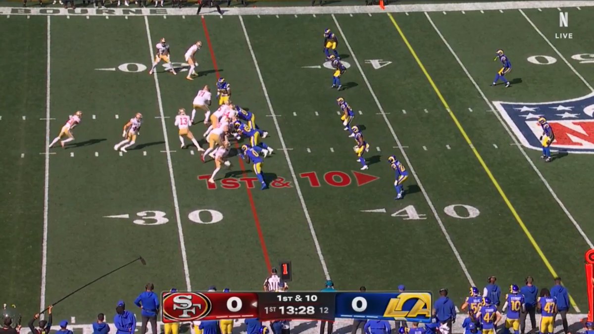 The Juszczyk "Banana" motion and variations of it were a nice schematic innovation that the Rams had trouble dealing with. Need to watch slow motion replay to see if any had him moving forward at the snap.