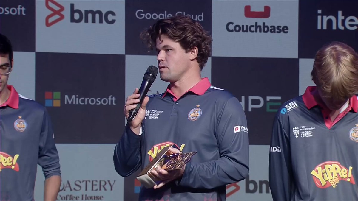 "I do not deserve this 'player of the match [trophy]' as much as the man who won us the match," says Magnus Carlsen as he gives his trophy to Vidit Gujrathi. #TechMGCL #BeyondTheMove