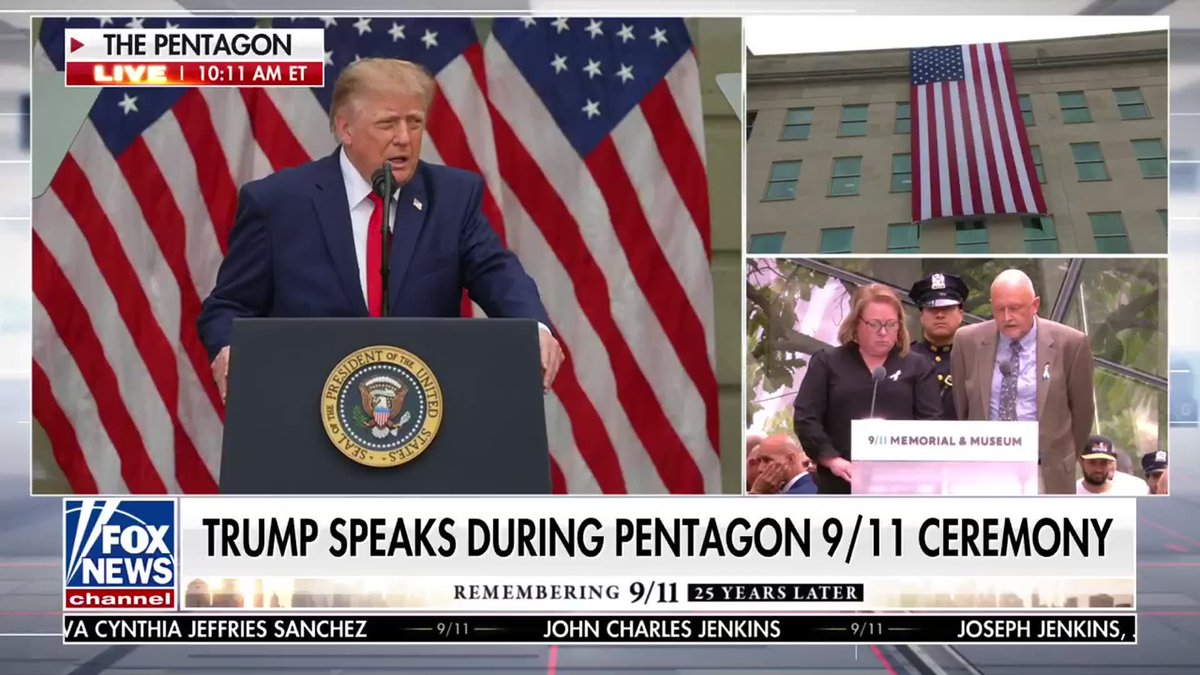 JUST IN: President Trump honors the fallen during the Pentagon's 9/11 Observance Ceremony, marking 25 years since the September 11 terrorist attacks. "2,977 beautiful souls were ripped from our world, and many more died in the weeks and years after." “Today we renew the sacred oath that we first swore in their names a quarter of a century ago." "We will never, ever forget.”