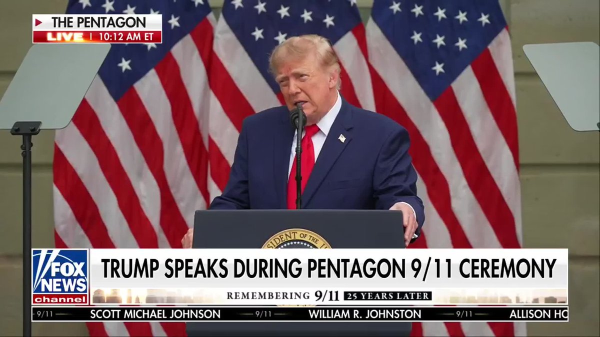 "We will always remember the victims and the families of September 11th, 2001." "We will honor their lives. We will cherish their beautiful memories. And we will protect this country and its freedoms for every future generation." President Trump honors the victims and families of 9/11 during a solemn ceremony at the Pentagon marking 25 years since the terrorist attacks.