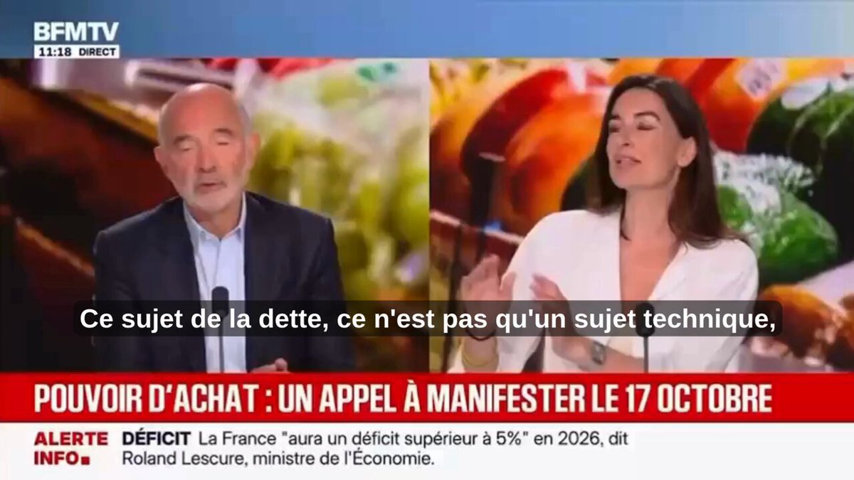 Le sujet de la dette pose la question de comment va-t-on payer les retraites, l'hôpital, l'éducation si la situation ne change pas ? 🔴 Avec un taux à 4% comme en ce moment, on pourrait être à 150 Mds de charge de la dette en 2032. Nous devrons alors demander de l'aide ! BFM
