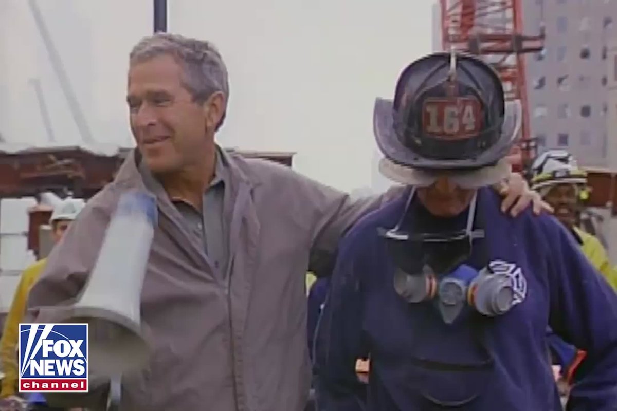 "I can hear you. The rest of the world hears you. And the people who knocked these buildings down will hear all of us soon." 25 years ago, President George W. Bush gave his famous "I can hear you" speech at Ground Zero, just three days after the 9/11 terrorist attacks. With one arm around retired FDNY firefighter Bob Beckwith and a bullhorn in the other, Bush thanked the rescue and recovery workers. "America today is on bended knee in prayer for the people whose lives were lost here, for the workers who work here, for the families who mourn." "This nation stands with the good people of New York City, and New Jersey, and Connecticut, as we mourn the loss of thousands of our citizens."