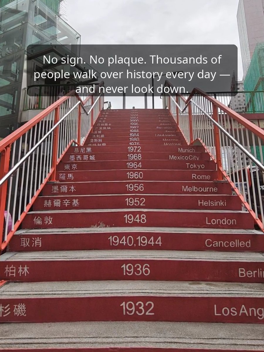 A staircase in Hong Kong lists every Olympic host city. Two steps have no city at all.