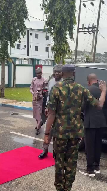 The arrival of the Honourable Minister of Defence, Gen. Christopher G. Musa (Rtd.), during the Quarter Guard inspection at the Board’s Headquarters today, as part of his official visit.