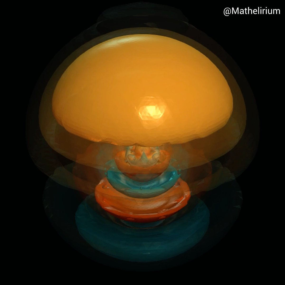 This is Lithium, visualized as a quantum wavepacket. The bright structures are 3D isosurfaces of the outer electron’s probability density, while colour represents the complex phase. Unlike Hydrogen, Lithium’s valence electron moves in a screened potential created by the nucleus and the closed 1s² core. The animation solves that effective Schrödinger problem and follows a coherent mixture of s- and p-type Rydberg states as they beat, breathe, shift and reform around the core.