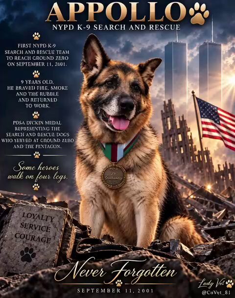 Appollo was 9 years old when he and his handler reached Ground Zero on September 11, 2001. He worked through smoke, rubble, fire, and dangerous conditions searching for those who needed to be found. His coat was singed and his paws became bruised and cracked, but Appollo kept wanting to work. He refused to simply give up and walk away from the job he had been trained to do. Eventually, his handler, NYPD Officer Peter Davis, had to make the decision to stop him and give his exhausted body the rest that Appollo himself wasn't willing to take. That was the heart of a working dog. Loyalty. Courage. Determination. And an incredible drive to keep going when others needed him. Appollo later received the PDSA Dickin Medal, representing the search and rescue dogs who served at Ground Zero and the Pentagon. He passed away in November 2006 at the age of 14, but the courage he showed on September 11 will never be forgotten. Some heroes wear a uniform. Some wear a collar. Appollo was one of them. Never Forgotten. ❤️🐾