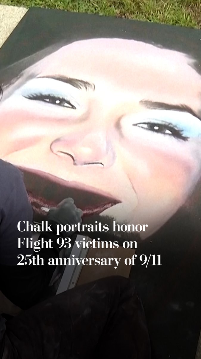 Twenty chalk artists created portraits of the 40 passengers and crew who died aboard Flight 93 to mark the 25th anniversary of 9/11.
