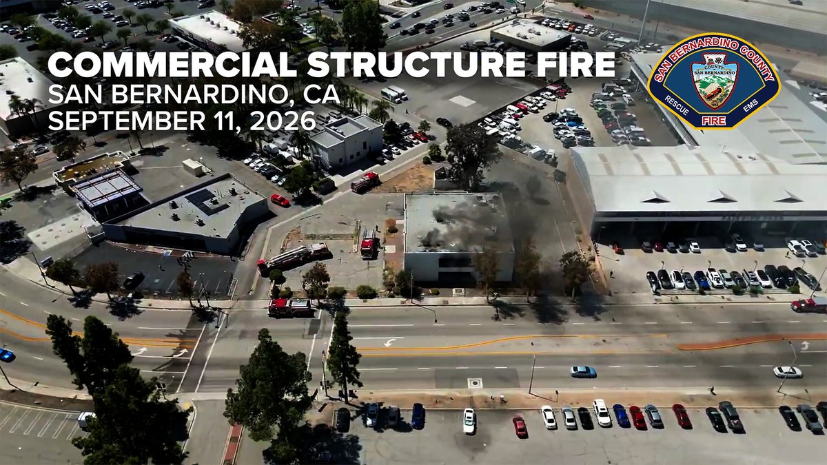 At noon today, San Bernardino County Fire responded to a commercial structure fire in the 200 block of North G Street in the city of San Bernardino. Multiple callers reported smoke coming from the second story and roof of a building. Firefighters arrived at an abandoned bank with a history of previous fires. Bystanders reported a person trapped on the second floor. Crews instituted rapid attack simultaneously entering the building from the second and first floors. A search of the building confirmed that there were no occupants. A moderate sized debris fire was located on the second floor. While truck companies opened up the roof to release smoke and heat from the concrete structure, firefighters advanced hose lines to the upper floor and extinguished the fire in approximately twenty minutes. No injuries were reported to civilians or firefighters. Investigation into the cause is ongoing through County Fire's Office of the Fire Marshal. Date/Time: September 11, 2026 12:02 pm Location: 200 block N G St San Bernardino Incident: Commercial Structure Fire (BDC #: 26-228134) Contact: Eric Sherwin, Captain/PIO (909) 547-5080