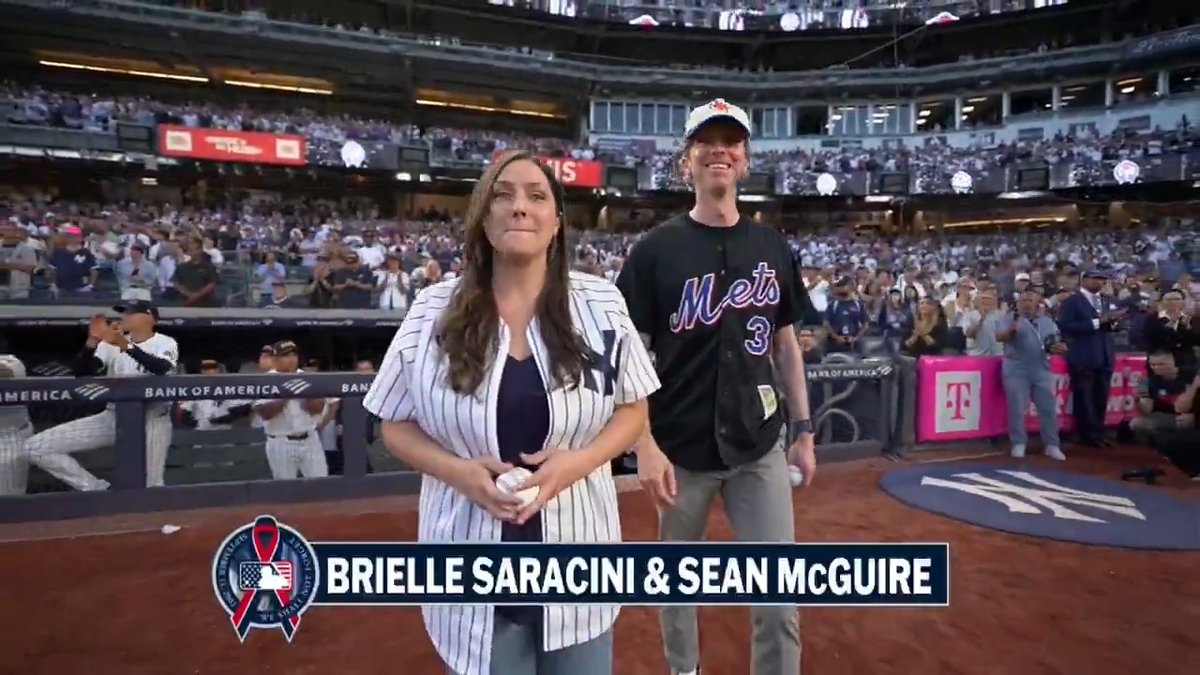 Brielle Saracini and Sean McGuire both lost their fathers on 9/11. They met in 2003 at Camp Better Days, which was established to support families affected by those tragic events. In 2017, they were married. Tonight, Brielle and Sean threw out the ceremonial first pitches at Yankee Stadium ❤️