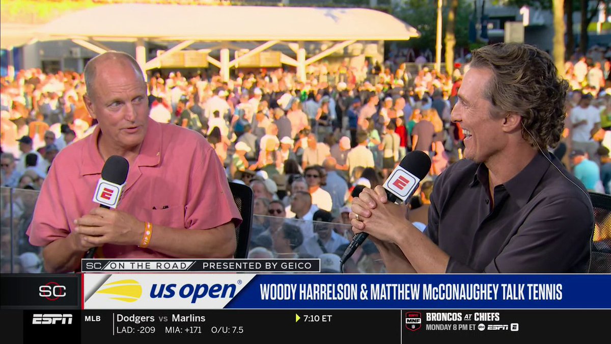 Woody Harrelson and Matthew McConaughey are talking tennis at the US Open with Malika Andrews and John McEnroe 🎾
