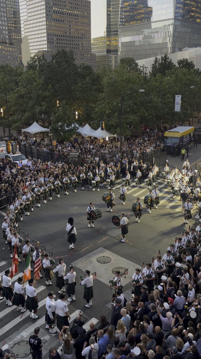 As the sun sets over Lower Manhattan, the pipes and drums play. FDNY members, family and friends gathered outside Engine 10/Ladder 10 for the annual Sundown Ceremony, honoring the 343 members and all those we lost on September 11, 2001. 25 years later, we remember. We will #NeverForget.