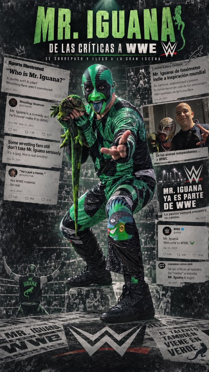 Mr. Iguana entendió algo que en la lucha libre marca la diferencia: no necesitas ser como los demás para conectar con el público. Su personaje es peculiar, su estilo también y justo ahí está su encanto. Pasó de las arenas independientes de México, a poner verde a toda la WWE.