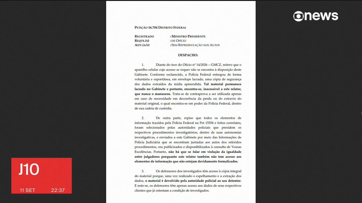 Mendonça diz que celular de Vorcaro "não se encontra à disposição" do gabinete. ➡ #J10 - de segunda a sexta, às 22h, na #GloboNews. Assista na TV e no globoplay