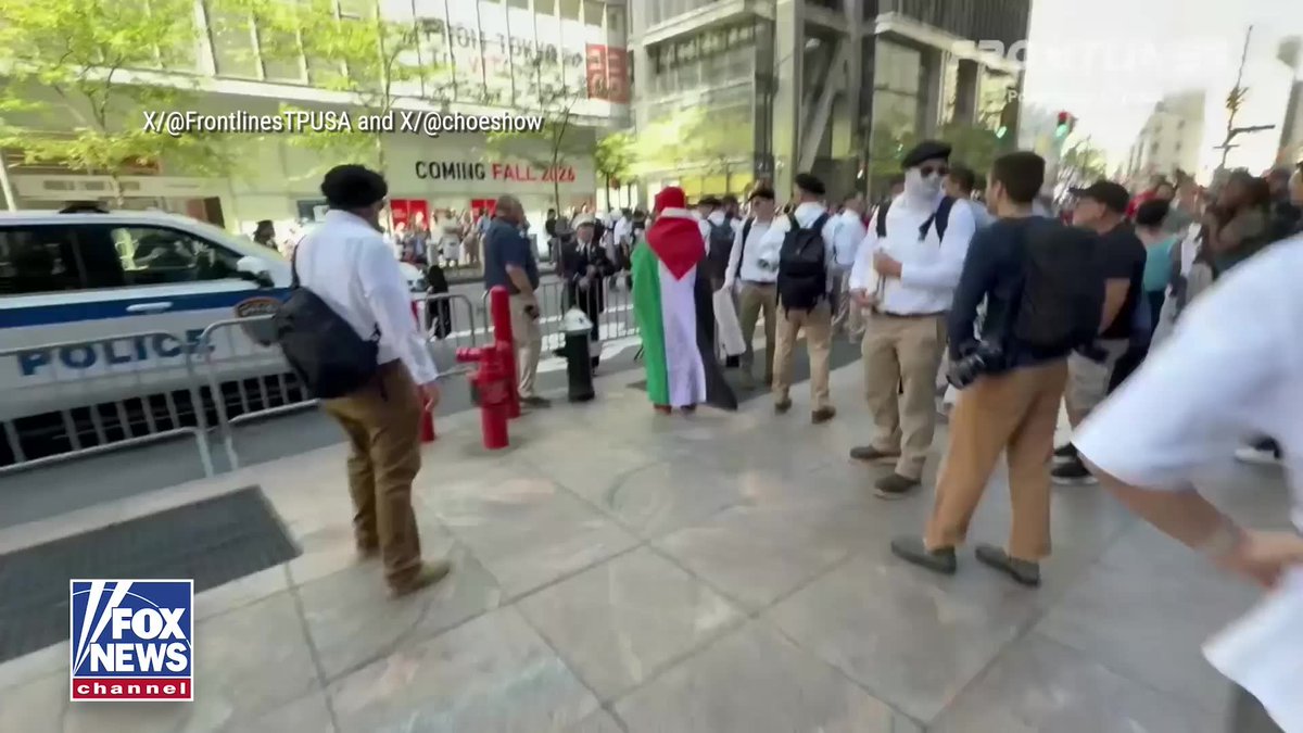 A firefighter unloads on pro-Palestinian agitators protesting near the 9/11 Memorial on the 25th anniversary of the terror attacks. The firefighter confronts the group as the nation gathers to remember the nearly 3,000 people killed on September 11, 2001.