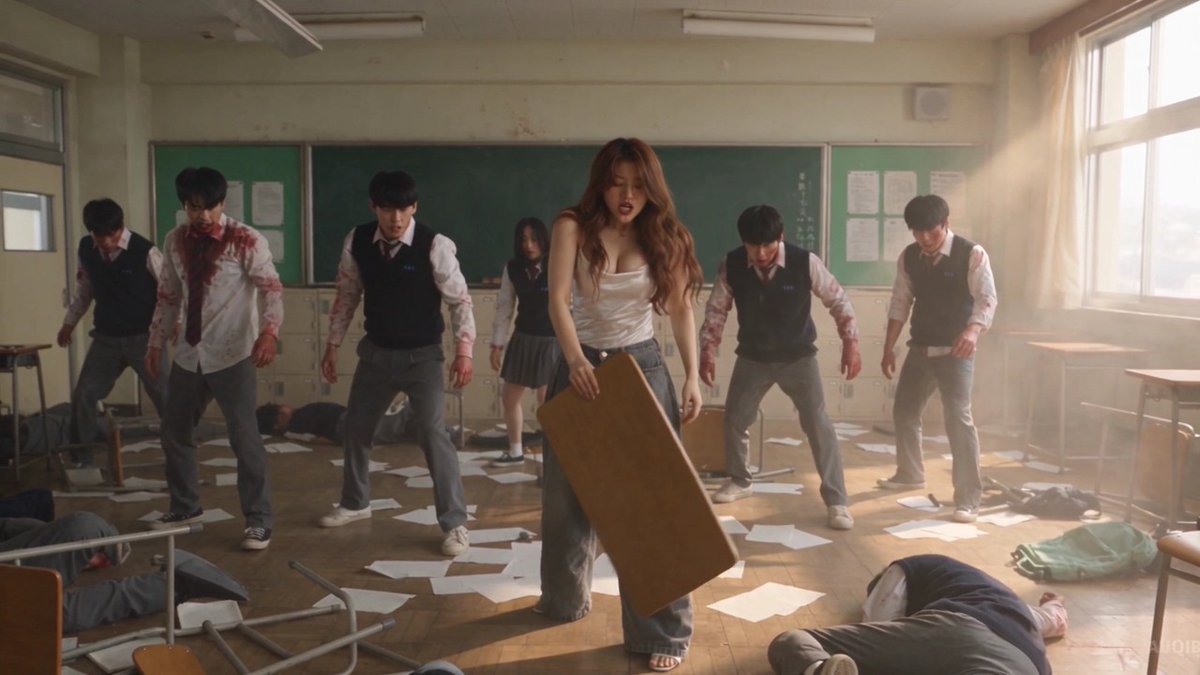 One drop of blood, and the classroom became a battlefield Seedance 2.5 on Pollo AI Prompt: Cinematic horror-action short film set in a Japanese high school classroom, natural realistic pacing, grounded practical-effects style, no over-acting. Classroom filled with wooden desks, students in uniforms, a chalkboard, fluorescent lights, windows with afternoon light. Natural handheld camera work, muted authentic color grading, all sound fully natural and diegetic — no music, no artificial sound design, just real classroom, fight, and impact sounds throughout. > > **[0-3s]** Extreme close-up on the teacher's (GIVEN IN REFRANCE IMAGE) chalk squeaking sharply across the board mid-sentence, then a sudden beat of dead silence in the room, all eyes subtly shifting upward — an unsettling stillness before anything happens. > > **[3-4s]** Close-up: a single drop of dark blood falls from the ceiling, landing directly on a student's open notebook, the soft wet sound of impact clearly audible. > > **[4-5s]** SLOW MOTION: the student's eyes widen in shock, head tilting slowly upward to look at the ceiling above him. > > **[5-7s]** The ceiling cracks violently, plaster and dust raining down with a loud crash as a zombie bursts through, crashing onto a desk, wood splintering audibly. > > **[7-9s]** It lunges immediately, sinking into the neck of the nearest student — a sharp, natural cry of pain, desks scraping as others recoil. > > **[9-11s]** Within seconds, the bitten student rises again — eyes milky white, veins dark across his face — now a zombie himself, guttural groaning as he lunges at the student beside him. > > **[11-13s]** Chaos erupts: students scream and scramble out of their seats, chairs toppling loudly, rushing toward the classroom door in a panicked crowd, footsteps and shouting overlapping naturally. > > **[13-15s]** The teacher turns sharply, grabbing a wooden bench, the scrape of it dragging off the floor audible, her breathing intensifying. > > **[15-17s]** She swings the bench hard into the first zombie — a solid, heavy impact thud, it crashes back into a row of desks with a loud clatter. > > **[17-19s]** She swings again, striking a second zombie down, papers flying with a soft rustle, another hard impact sound. > > **[19-21s]** A few students grab chairs and desk legs, joining her — wood scraping, natural grunts of effort as they strike newly turned zombies near the door. > > **[21-23s]** Quick intercut shots: a chair slams onto a zombie's back with a crack, another shoved into the chalkboard with a loud bang, teacher sweeping a third off its feet with a scrape and thud. > > **[23-25s]** The group fights back-to-back in the center of the room, desperate breathing, grunts, wood-on-body impacts, zombies falling one by one with heavy thuds around them. > > **[25-27s]** Final zombie lunges at the teacher; she sidesteps and slams the bench down hard — one final heavy impact, it collapses to the floor motionless. > > **[27-29s]** Wide shot: the classroom wrecked — desks overturned, papers scattered, zombies down on the floor. Heavy breathing fills the silence as the teacher and surviving students stand together, blood on their clothes and hands. > > **[29-30s]** Final shot: the teacher lowers the bench slowly, exhausted, natural exhale audible, dust settling in the sunlight through the windows. Cut to black. > > All sound fully natural and diegetic throughout — chalk on board, blood drip, ceiling crack, zombie groans, screaming, wood impacts, heavy breathing. No music, no text overlay, no watermark. Natural handheld camera with realistic shake during the action, muted desolate color grading16:9, 30 seconds, Add a very small watermark namely 'AUQIB' at bottom right in whole video as creators name.
