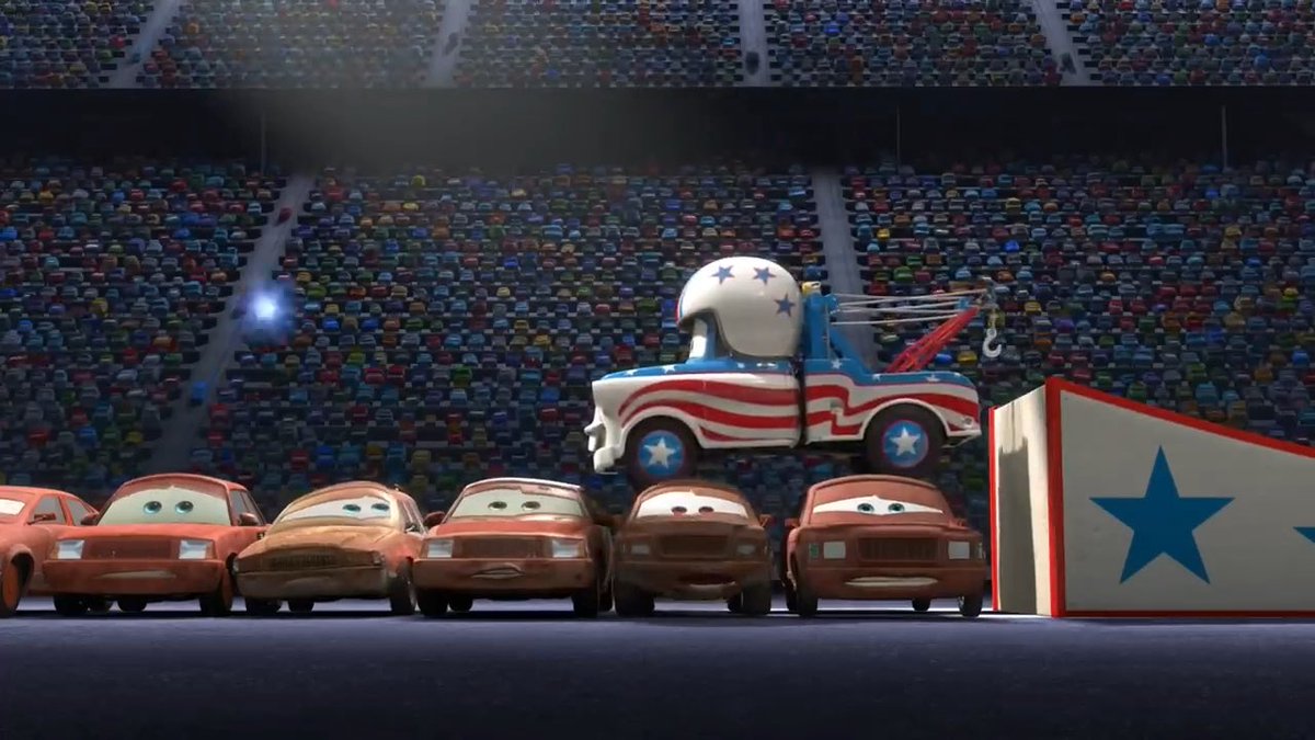 I find it funny Mater did not jump all the cars, but instead rolls with it. This feels like an equivalent to having a driver jumping on humans.