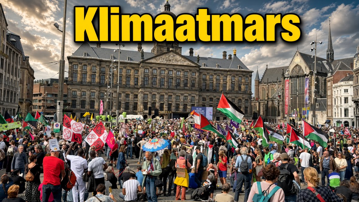 De Dam staat vol voor de start van de #Klimaatmars in Amsterdam. Het podiumprogramma moet nog beginnen, maar alle denkbare linkse stromingen en nevenzaken hebben hun vlaggen alvast gehesen.