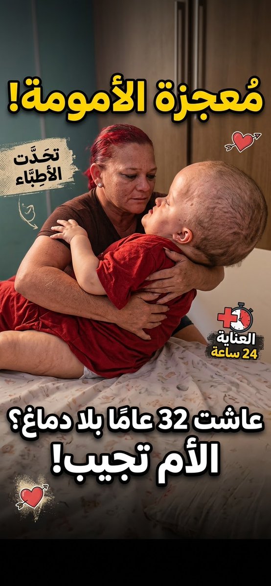 أم برازيلية تُدعى أجاليسا أُصيبت بالحصبة الألمانية أثناء حملها، وفي الشهر الثامن أظهرت الأشعة أن رأس الجنين كان أكبر من الطبيعي بشكل كبير. 😥 قرر الأطباء إجراء عملية قيصرية، وبعد الولادة اكتشفوا أن الطفلة تعاني من استسقاء دماغي شديد، أي تراكم كبير للسوائل داخل الجمجمة. حاول الأطباء علاجها بكل الطرق، لكن جسمها لم يستجب للعلاج، وأخبرو والدتها أنها قد لا تعيش أكثر من 3 أشهر... لكن المفاجأة أنها وُلدت عام 1993 وما زالت على قيد الحياة حتى اليوم، رغم فقدانها بصرها واستمرار نمو رأسها بشكل طفيف. 😳 وقال الأطباء إن لديها كمية ضئيلة جدًا من أنسجة الدماغ، لكن والدتها ترد دائمًا: «كيف يقولون إنها لا تملك دماغًا وهي تبتسم وتشعر بحضني؟» ❤️ وتواصل الأم الاعتناء بها على مدار 24 ساعة، معتبرةً ابنتها أولويتها الأولى في الحياة. 🥹