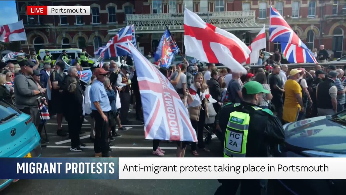 An anti-migrant protest is under way in Portsmouth. Sky's Dan Whitehead says there is 'clearly anger' from the crowds, but it is 'very different' to the protest last weekend, which saw people clash with police after an RNLI boat carrying more than 100 migrants arrived in the city.